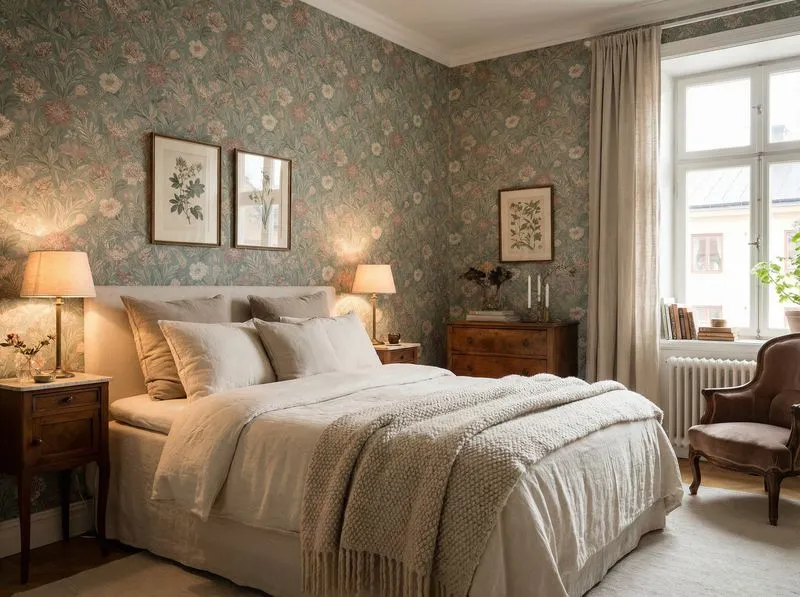 Cozy bedroom with freshly installed floral wallpaper